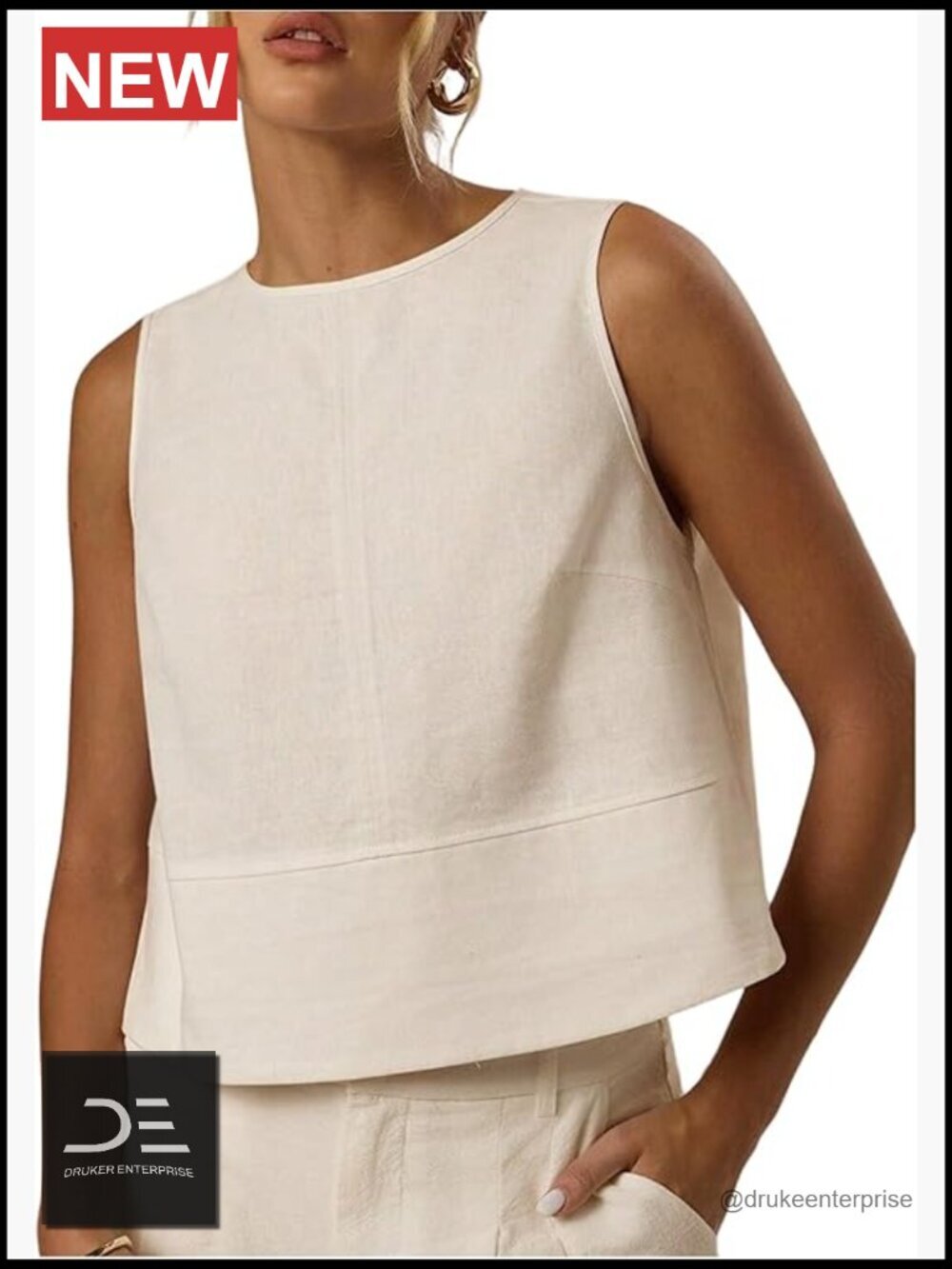 Linen Blend Tank Top - Sleeveless Crop Top - Work & Casual